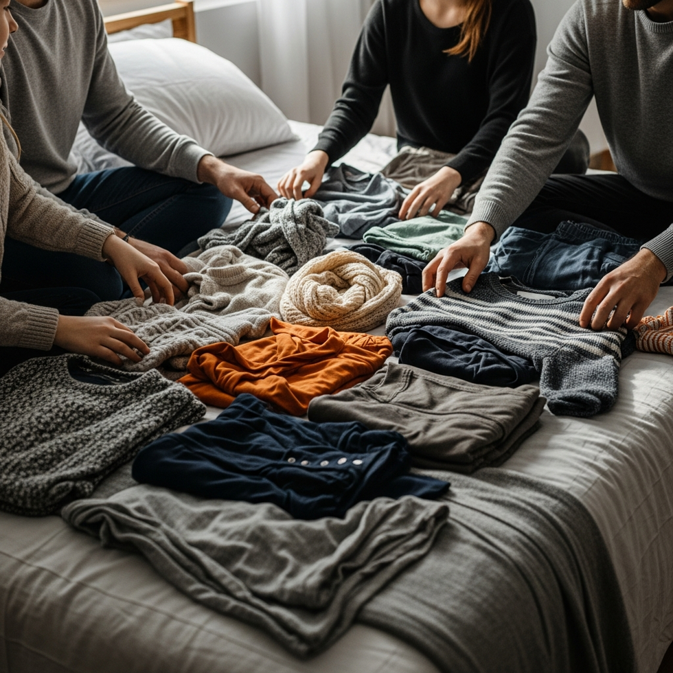 family wardrobe Image of a family making outfit choices together with a variety of seasonal clothing laid out on a bed, showcasing layered and weather-appropriate attire.