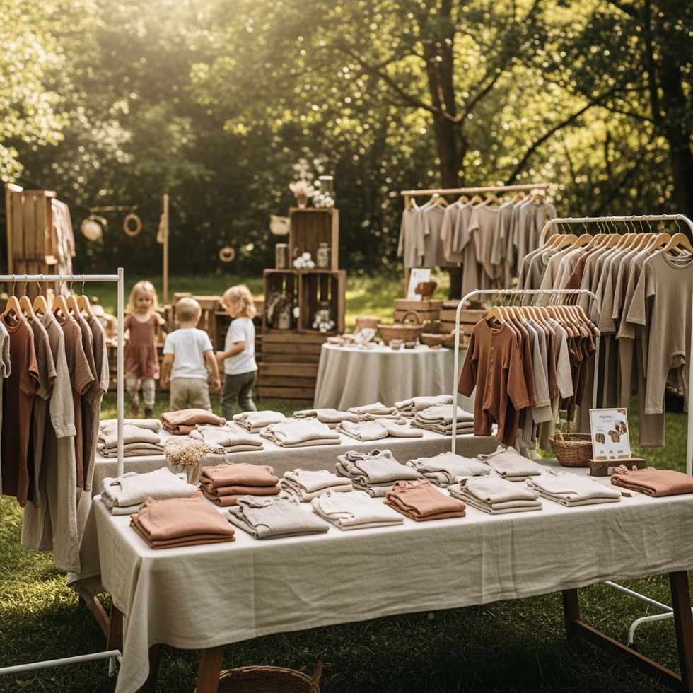 eco-friendly children clothing An image of eco-friendly kids' clothing in natural fibers displayed in a store or outdoor setting