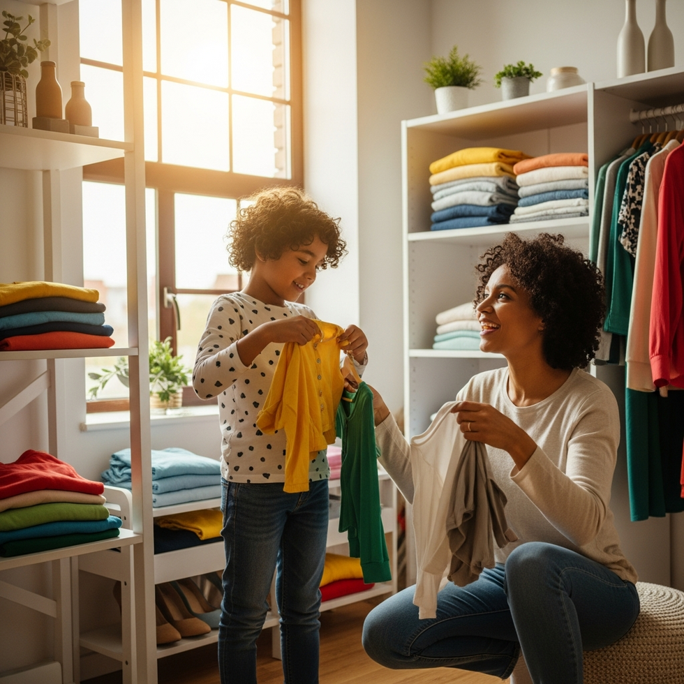 kids fashion Image of a child and parent trying on outfits together, with a playful and colorful wardrobe backdrop emphasizing involvement and creativity.