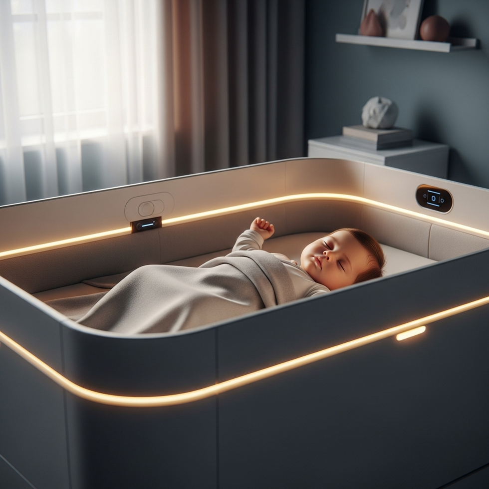 a baby sleeping peacefully in a high-tech crib with safety features