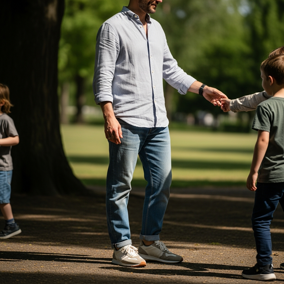 stylish parents Photo of a parent striking a stylish yet comfortable outfit while engaging with children at a park, emphasizing relaxed fashion with a trendy touch.