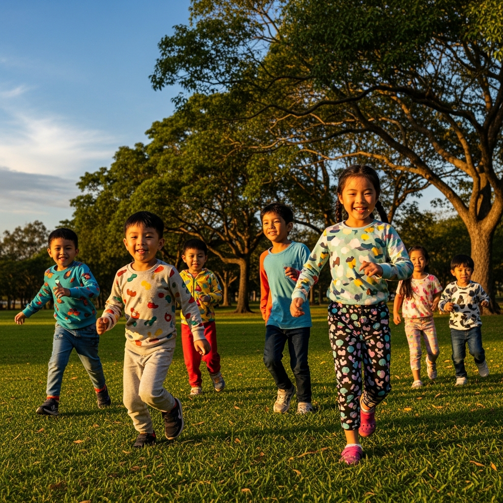 kids active wear An image of children happily playing outdoors in colorful, comfortable clothing highlighting active kids' fashion