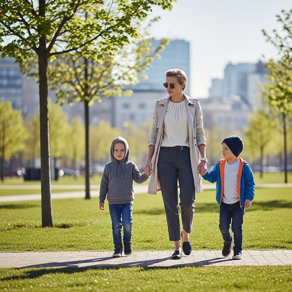 A stylish parent walking with their children in a city park, dressed in a chic, casual outfit with accessories