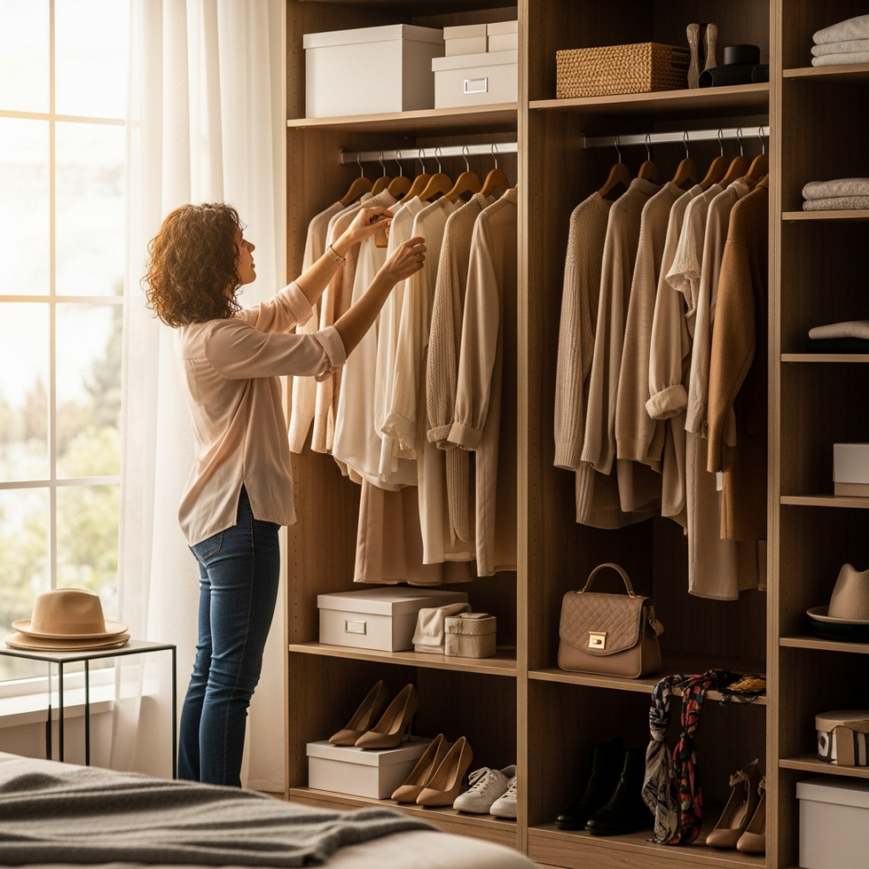 A parent organizing their wardrobe with stylish clothing, shoes, and accessories for quick outfit selection