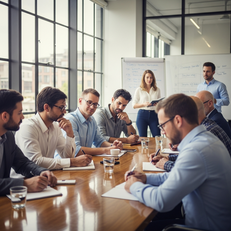 A diverse group of people discussing body modification ethics in a modern conference setting, emphasizing societal debates.
