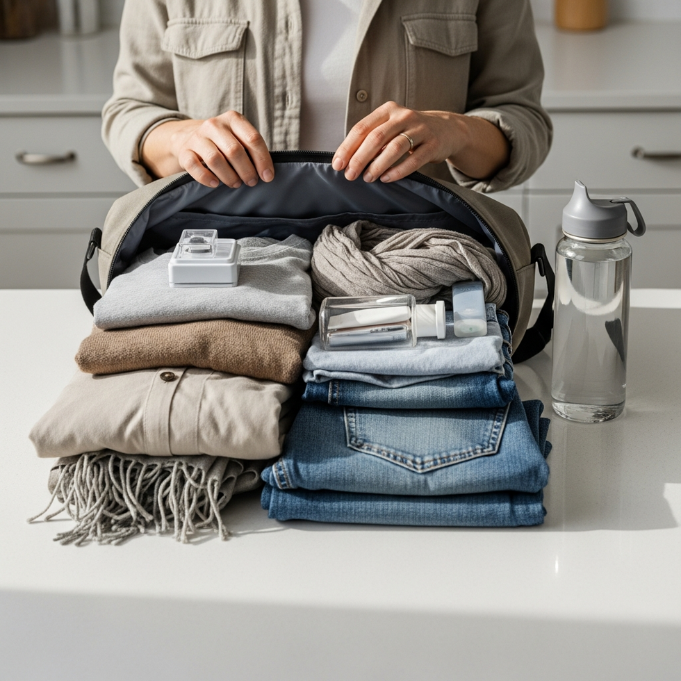 A parent packing a functional bag with versatile clothing items for daily activities