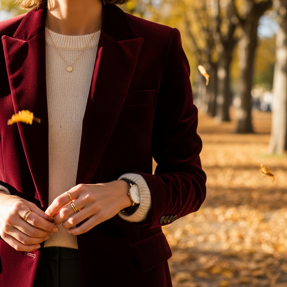 Elegant velvety blazer paired with soft cashmere sweater and sleek accessories for fall outing