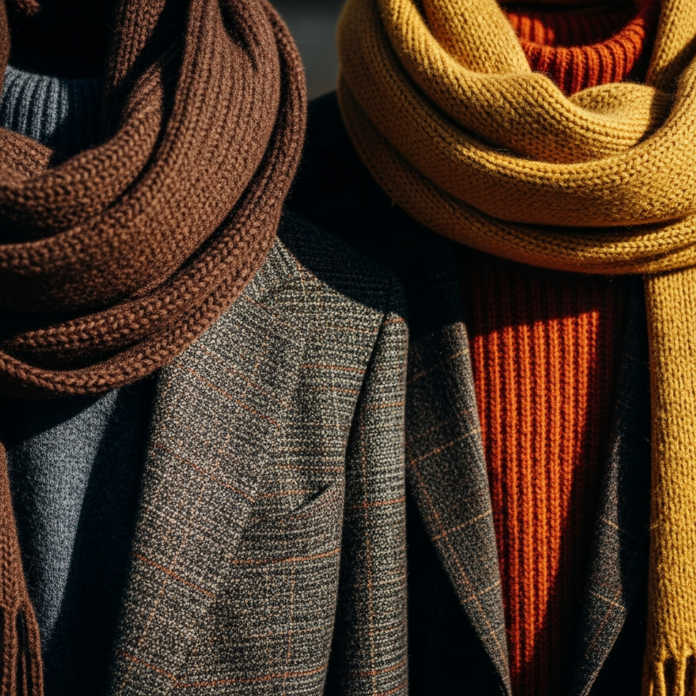 Close-up of layered autumn outfits combining knits, blazers, and scarves in warm color palette