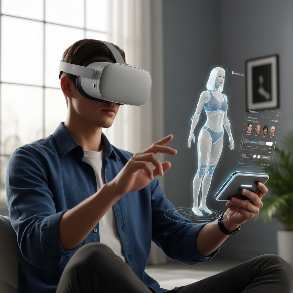 An illustration of a person designing their body appearance using virtual reality from a sleek device, depicting futuristic cosmetic customization.
