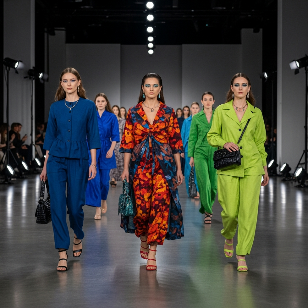 A futuristic fashion runway showcasing sustainable fabrics, bold colors, and personalized accessories for 2026.