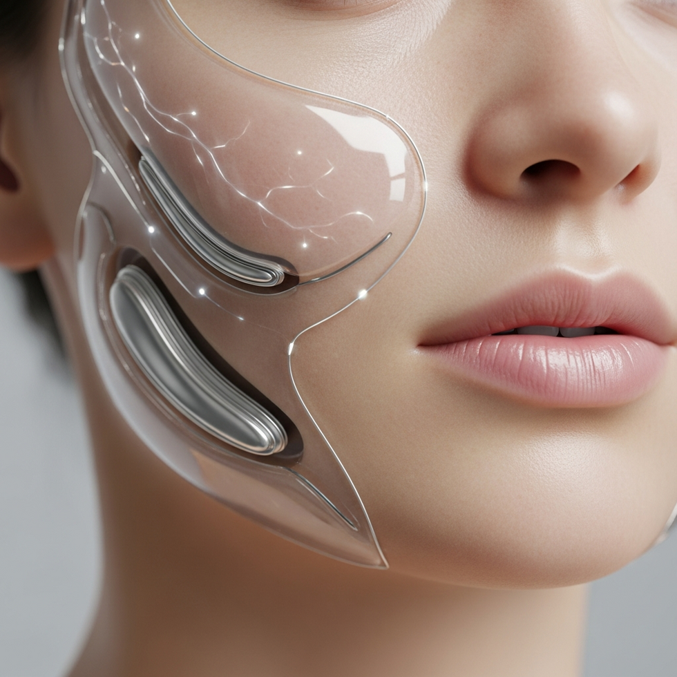 Close-up of futuristic biotech implants and nanotech-enhanced skin treatments, highlighting advanced medical aesthetics.