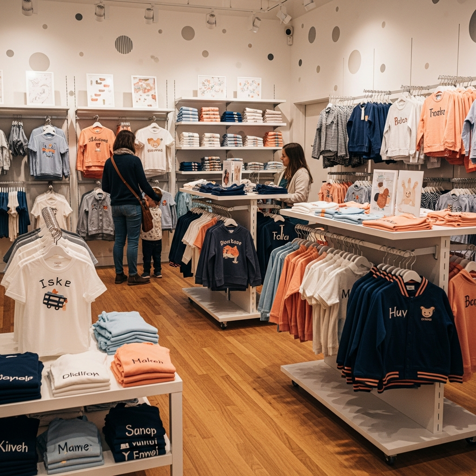 Children’s clothing store displaying personalized t-shirts and jackets with embroidered names and playful designs