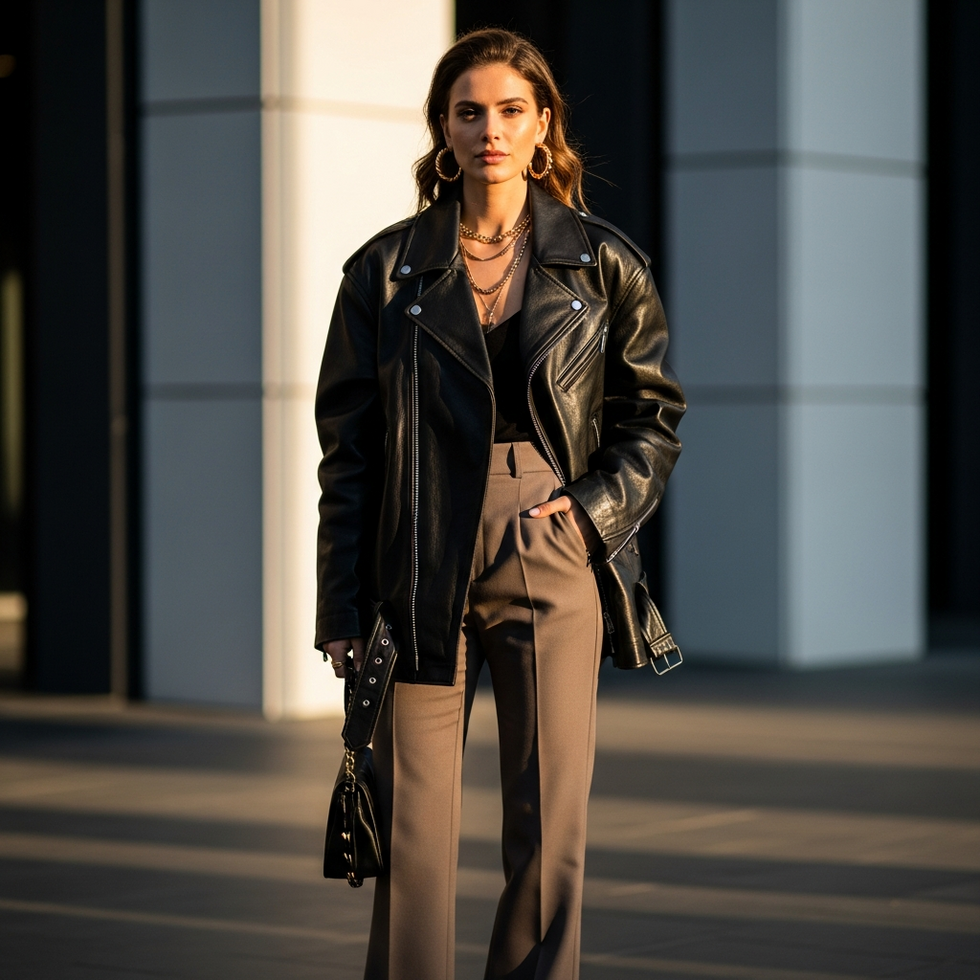 Fashionably dressed woman wearing oversized leather jacket, flared trousers, and statement accessories