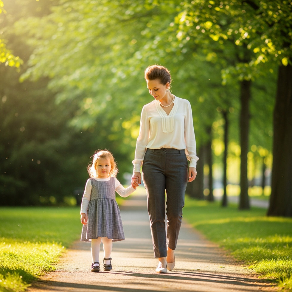 A stylish parent wearing a casual yet chic outfit while holding a child's hand in a park