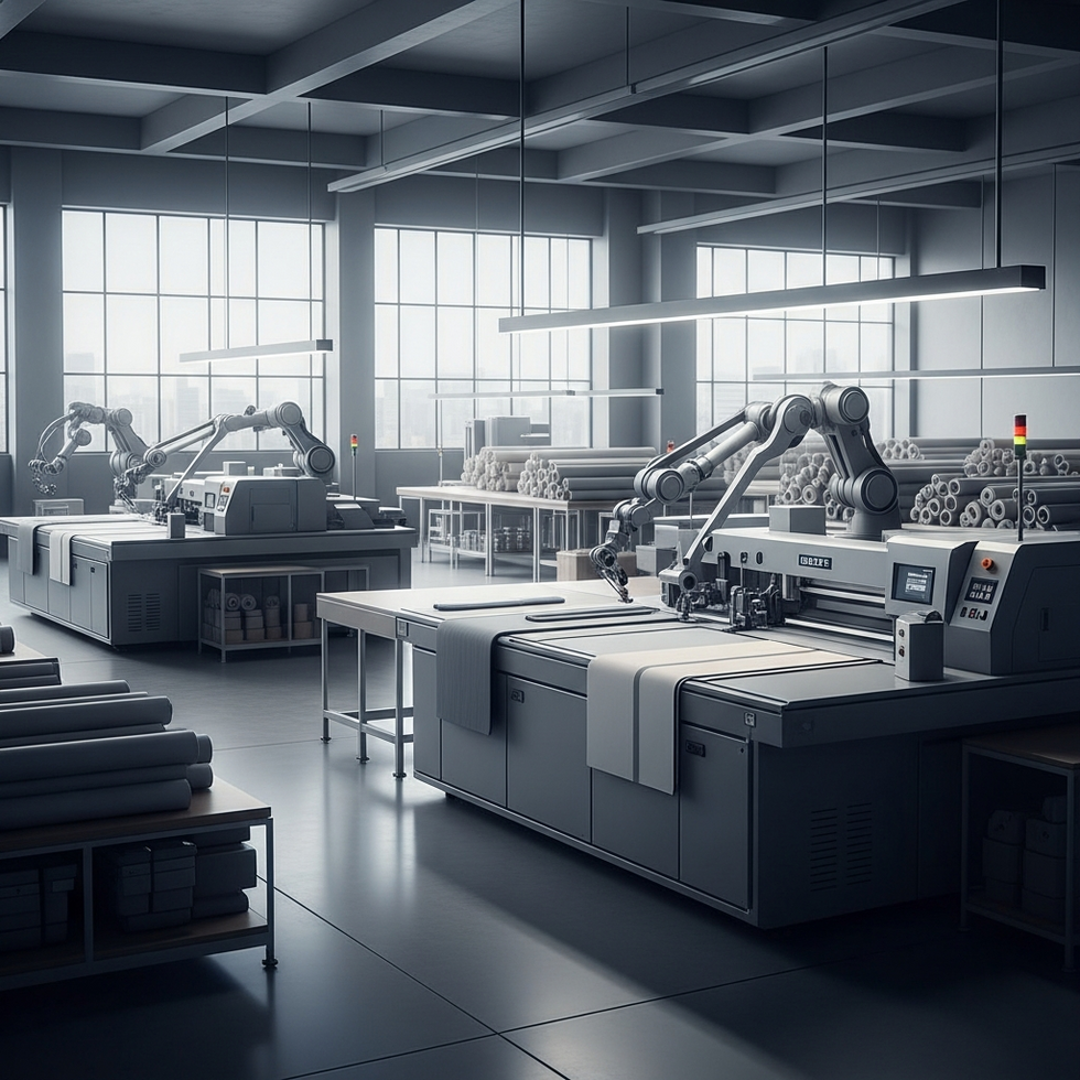 a futuristic fashion manufacturing facility with robotic pattern cutting machines