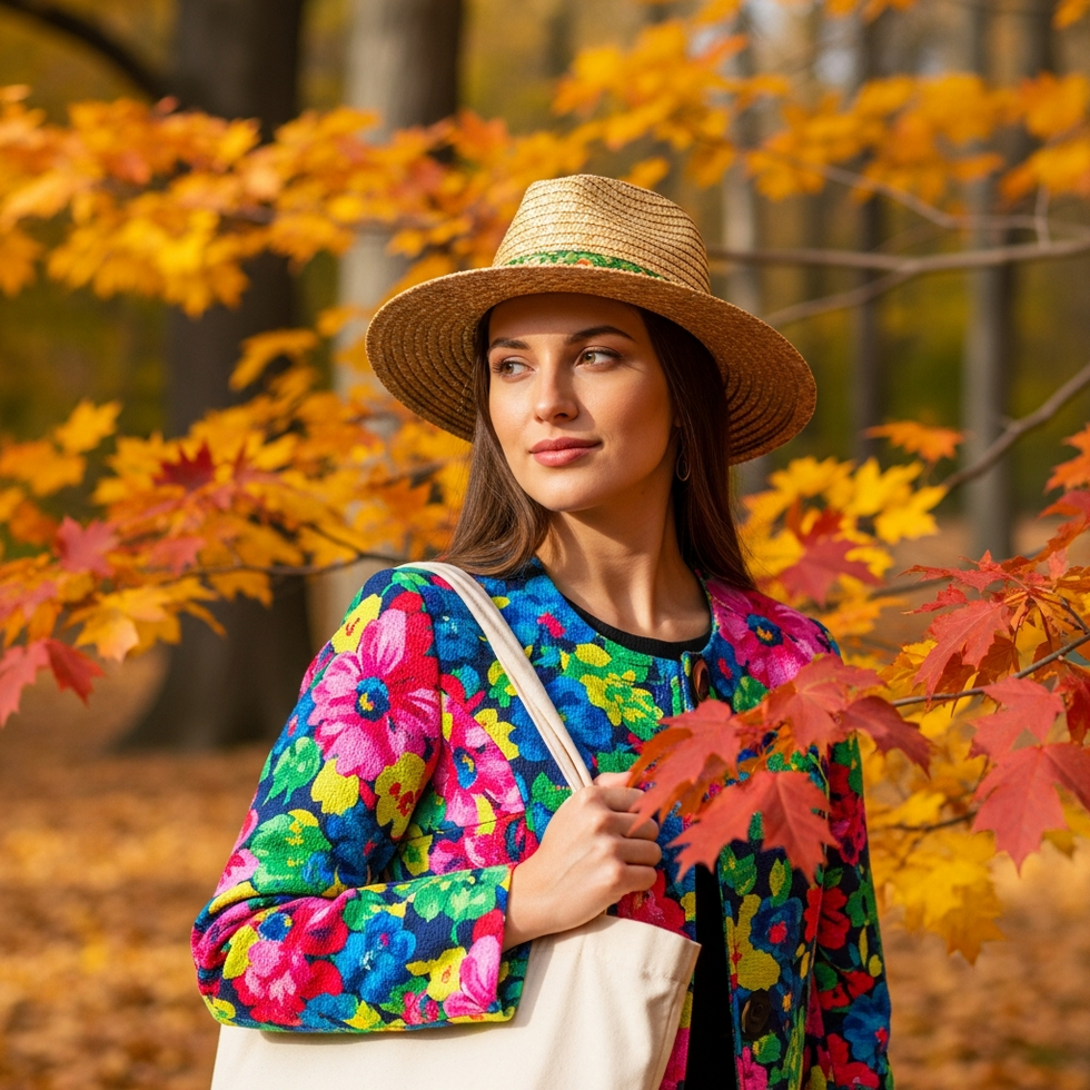 A model wearing a vibrant floral jacket paired with eco-friendly accessories amid fall foliage