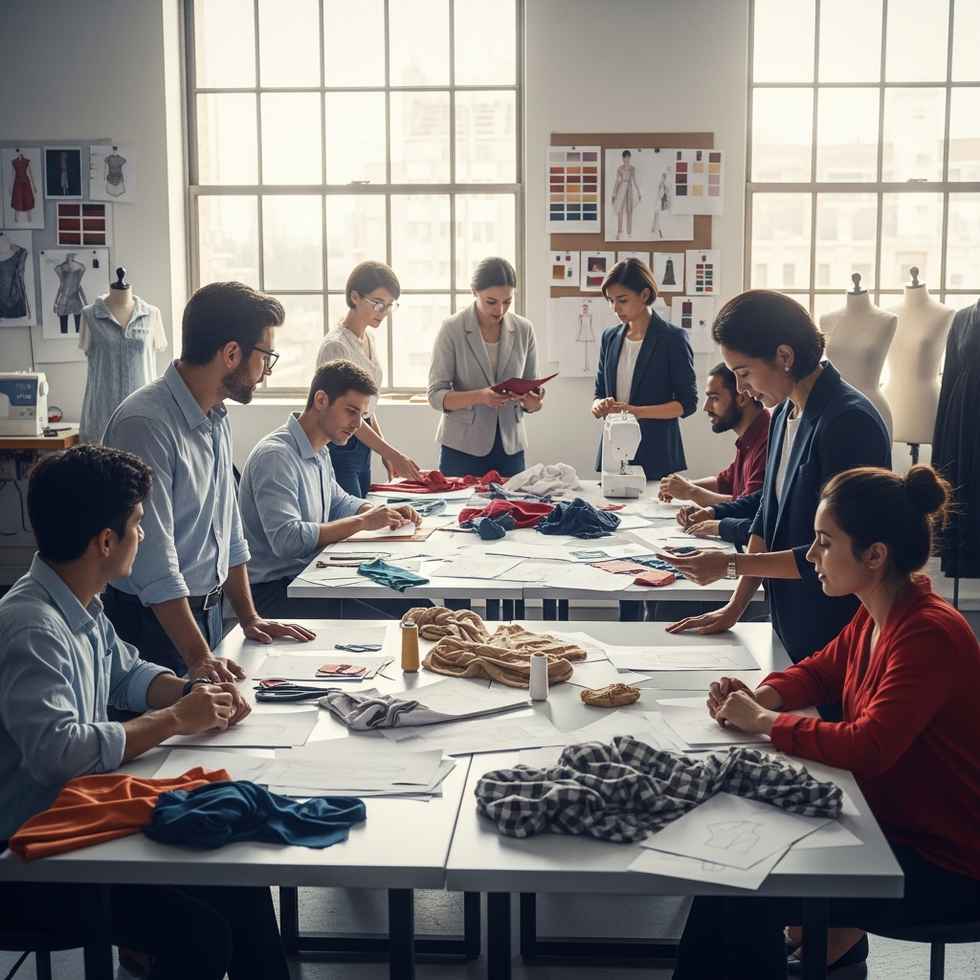 Image of a diverse group of Jacksonville fashion designers collaborating at a workshop in a vibrant studio space