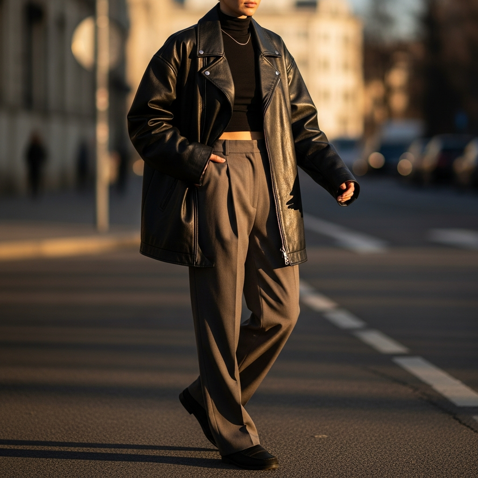 Model showcasing oversized leather jacket and relaxed trousers, embodying current fashion trends