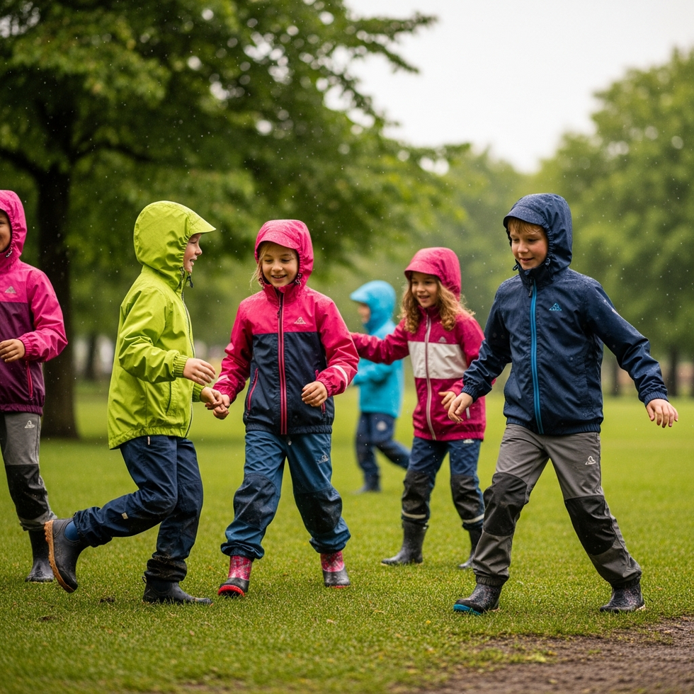 Kids wearing stylish and functional outdoor clothing, including waterproof jackets and breathable textiles, playing in a park
