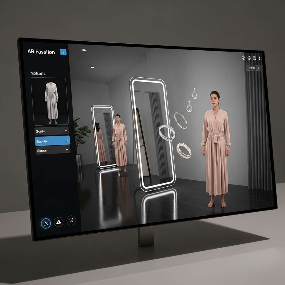 A digital fashion shop interface showcasing augmented reality fitting rooms and virtual accessories for 2026.