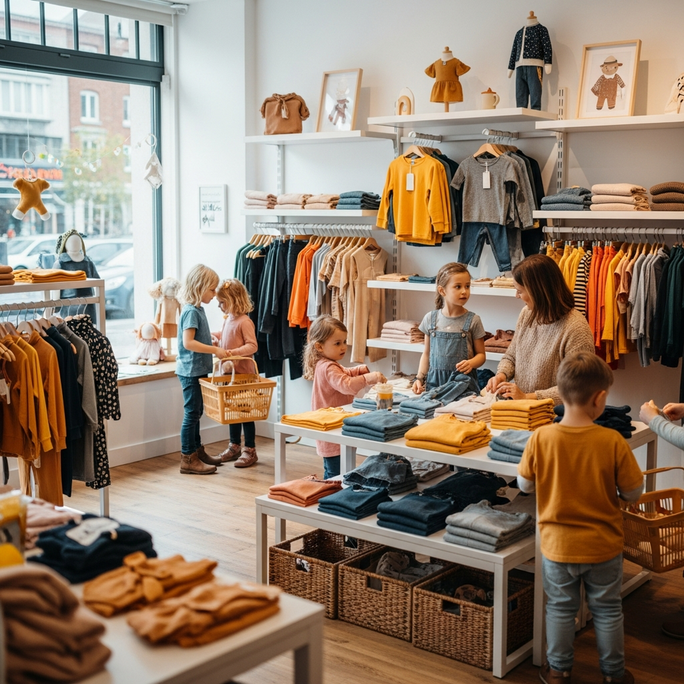 A colorful children’s clothing store featuring trendy, sustainable kids apparel displayed on vibrant shelves with kids trying on clothes and parents shopping