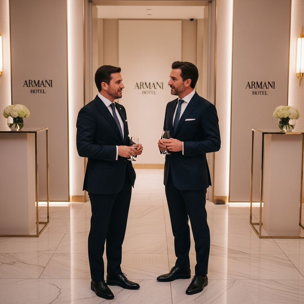 Giuseppe Marsocci and Mohamed Alabbar during the Armani tribute segment at the Dubai Mall event, in front of a backdrop of Armani Hotel designs and branding.