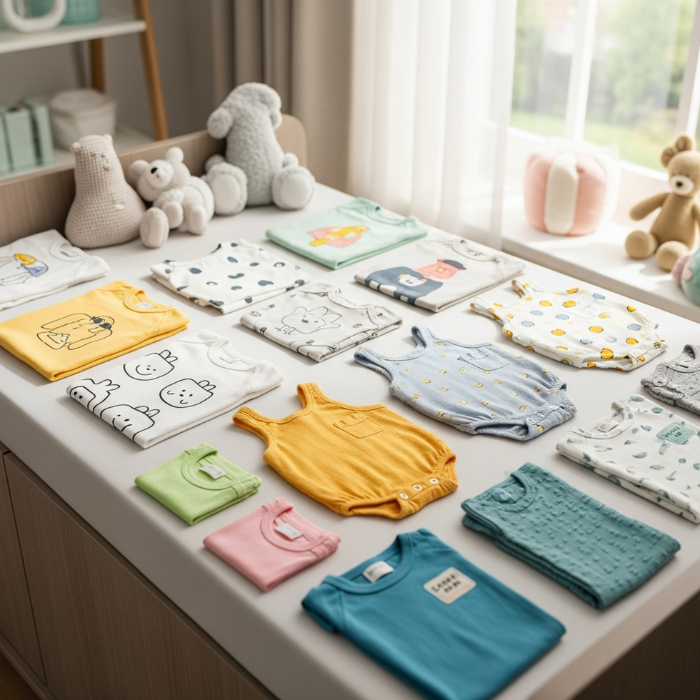 stylish baby clothes A colorful display of trendy baby clothes laid out in a nursery, featuring graphic tees, playful rompers, and eco-friendly fabrics.