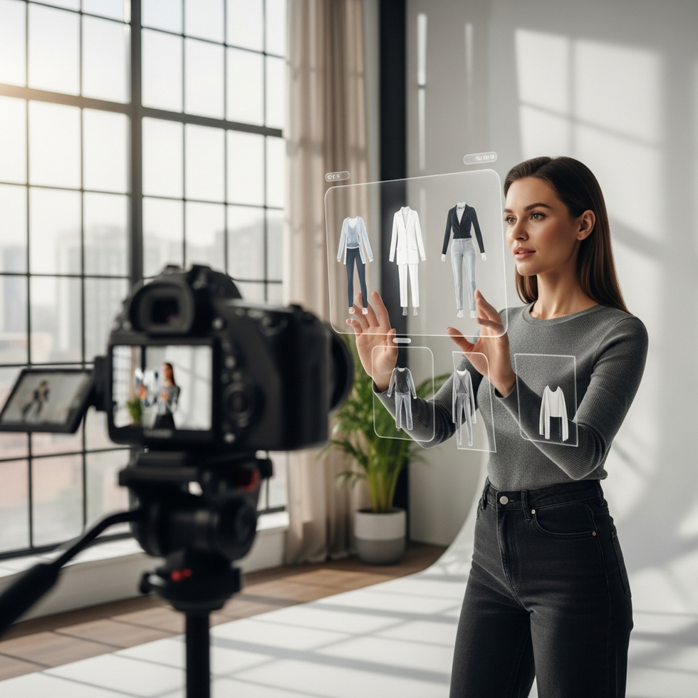 virtual fashion Fashion influencer creating content using augmented reality filters and virtual clothing in a modern studio setting.