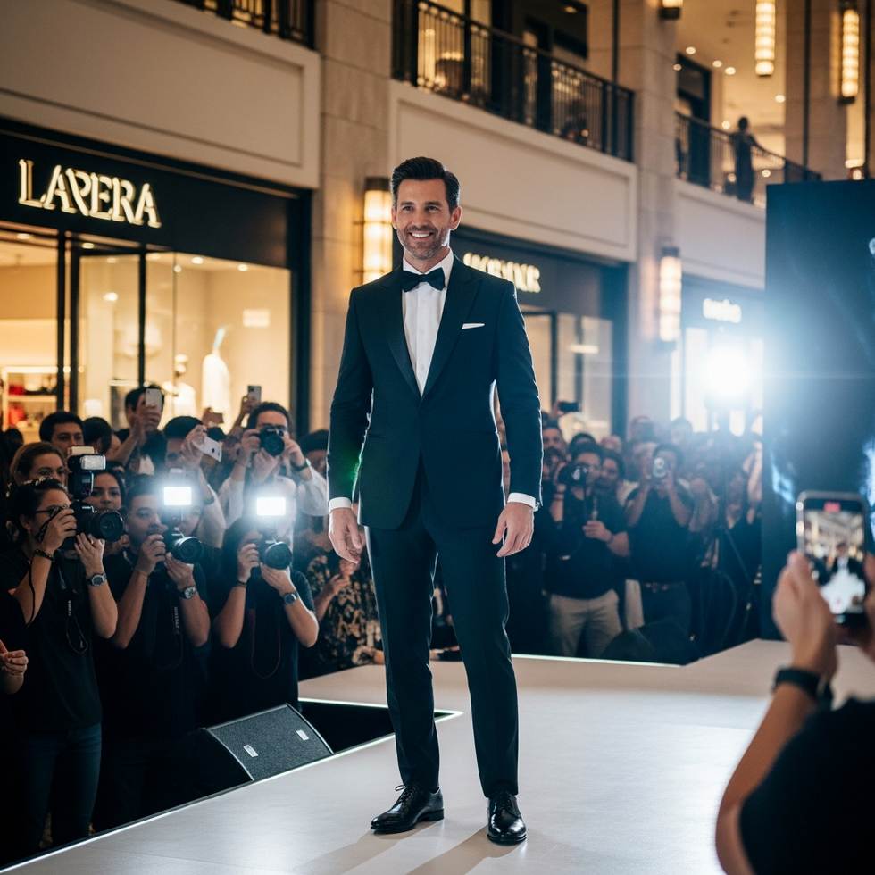 Shah Rukh Khan receiving the Global Style Icon award at Dubai Mall in a stylish tuxedo, surrounded by flashing cameras and admirers.