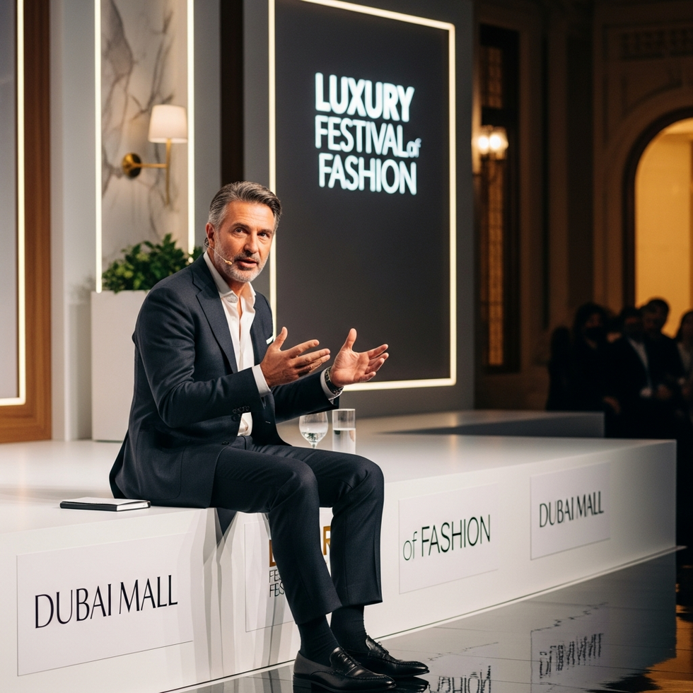 Brunello Cucinelli delivering his speech at Dubai Mall Festival of Fashion, with a backdrop of elegant luxury branding and traditional Italian design elements.