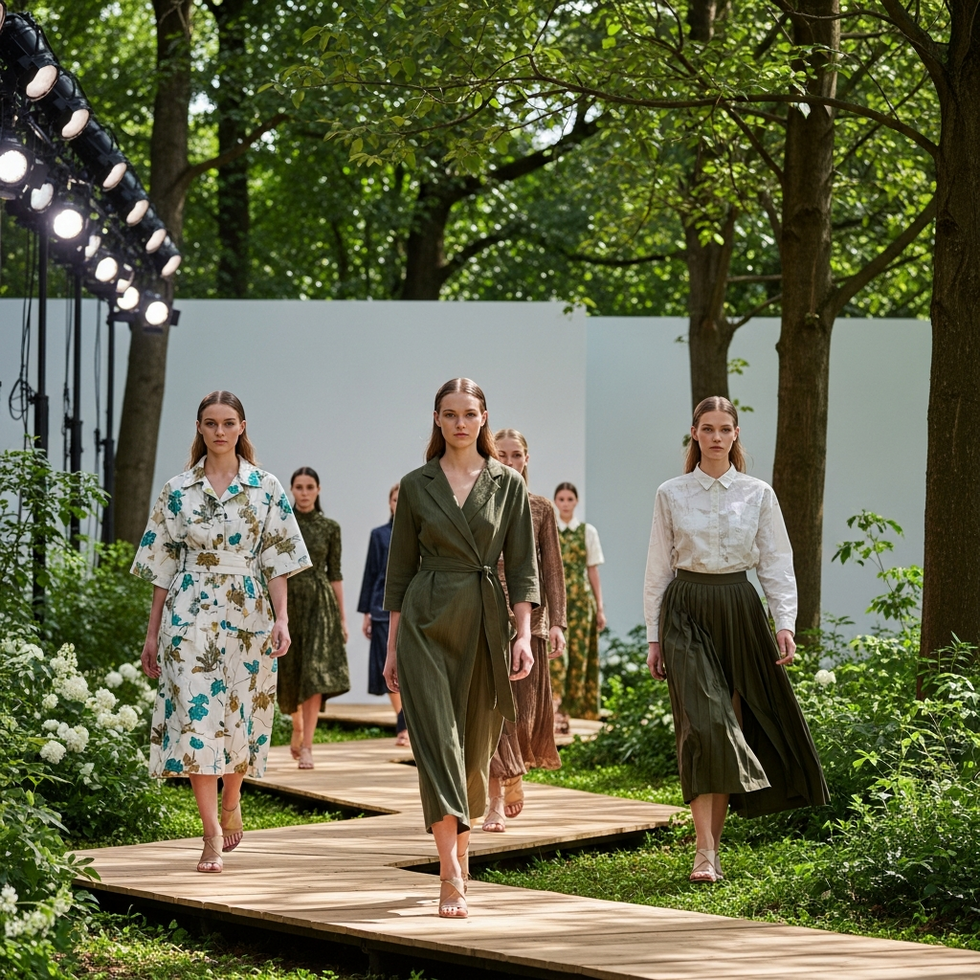eco-friendly fashion An eco-friendly fashion runway featuring models wearing garments made from recycled and biodegradable materials in a lush green setting.