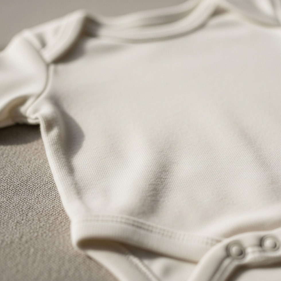 eco-friendly baby clothes Close-up of a soft, organic cotton onesie with gentle stitching, emphasizing comfort and eco-friendliness in baby clothing.