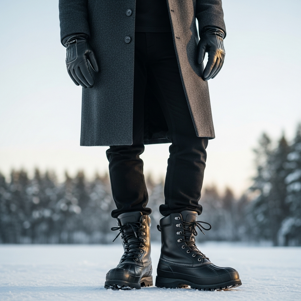 stylish winter outerwear, leather gloves, functional boots for winter