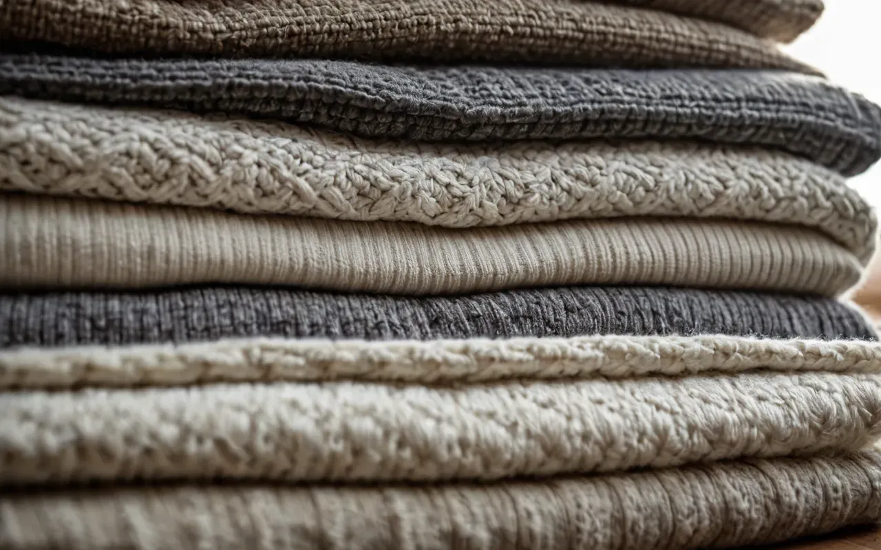 A close up photograph of high quality organic cotton baby clothing textures. Soft ribbed fabrics in earthy tones are stacked neatly. Natural light highlights the weave and durability of the material. The background is a clean neutral surface. No text labels or tags are visible in the frame.