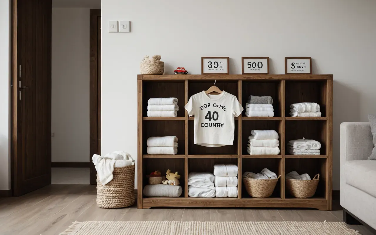 A modern minimalist living room with soft natural lighting. A stylish wooden toy shelf holds neatly folded organic cotton baby clothes in neutral tones. A cozy knit blanket drapes over a sleek armchair. The scene conveys calm order and sustainable parenting aesthetics without any text or branding visible.