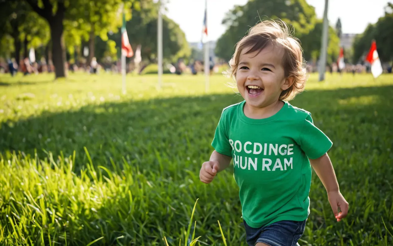 A playful toddler in a bright graphic t-shirt running through a sunny park with green grass. The child is laughing and full of energy. The clothing looks comfortable and durable. The background is blurred to focus on the child. No text or logos are visible on the clothing or surroundings.