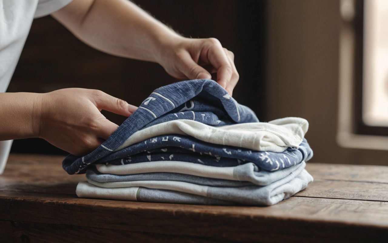 stylish infant apparel Close-up of hands carefully folding a stack of soft, high-quality baby clothes in neutral colors on a wooden surface, soft diffused lighting, minimalistic composition, focus on texture and fabric quality, no branding or text visible