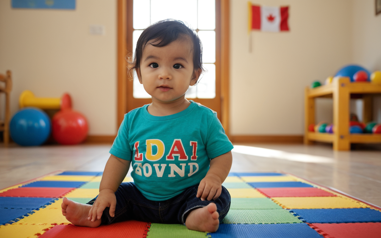 trendy baby fashion Close-up photograph of a toddler in a brightly colored graphic tee shirt, sitting on a soft play mat in a sunlit room with neutral walls, shallow depth of field focusing on the fabric texture and child's joyful expression, natural lighting, editorial style