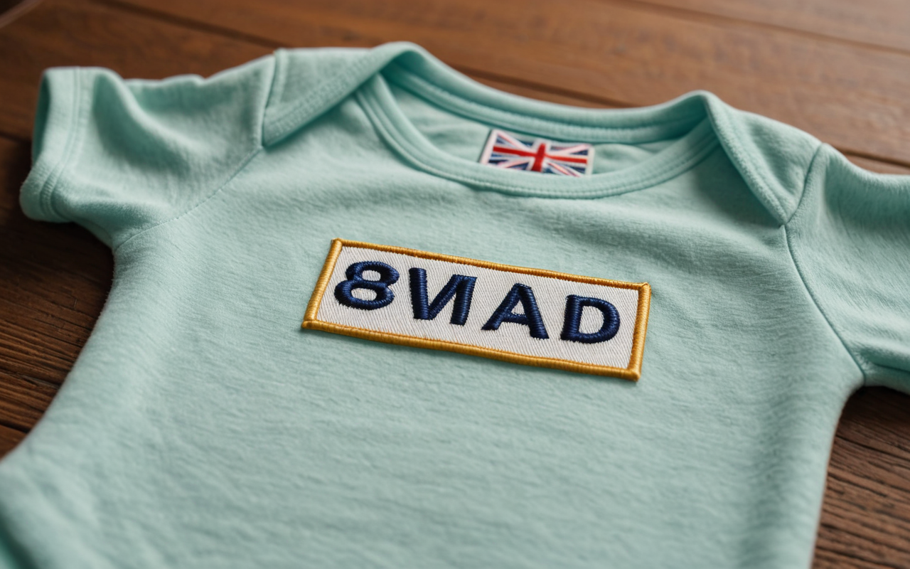 baby onesie Close-up shot of a soft pastel-colored baby onesie with a subtle embroidered pattern, displayed on a clean wooden surface with natural lighting