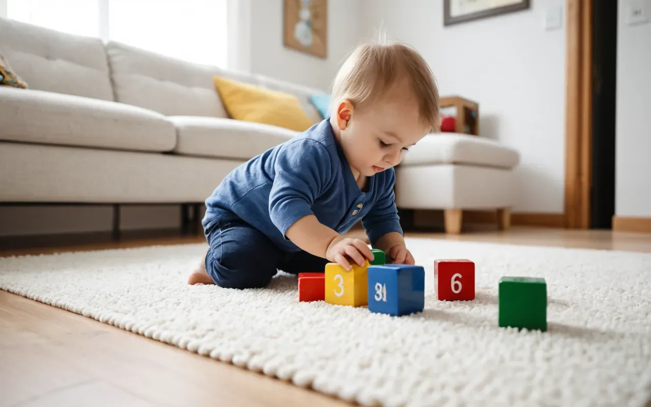 toddler play Close-up shot of a toddler playing with colorful wooden blocks on a clean white rug in a bright modern living room with soft natural lighting