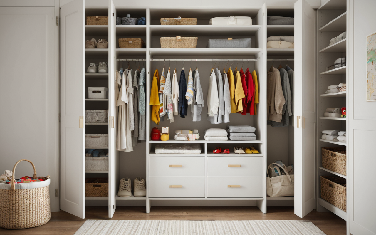 baby closet Editorial shot of a modern baby closet with neatly organized neutral-colored clothing and a few colorful accessories, bright and airy setting