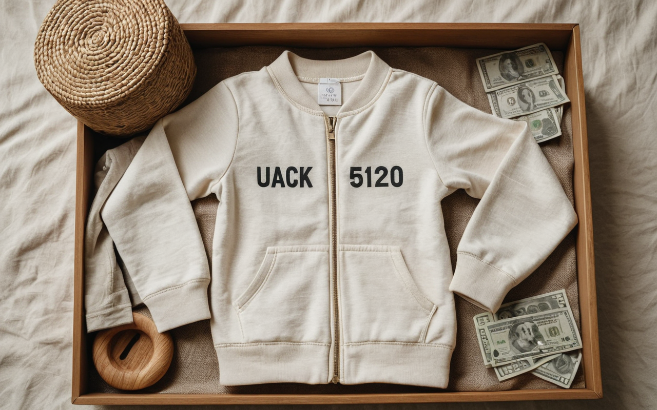 baby wardrobe Flat lay of a minimalist baby wardrobe featuring neutral-colored clothing items arranged neatly on a soft fabric background with soft natural light