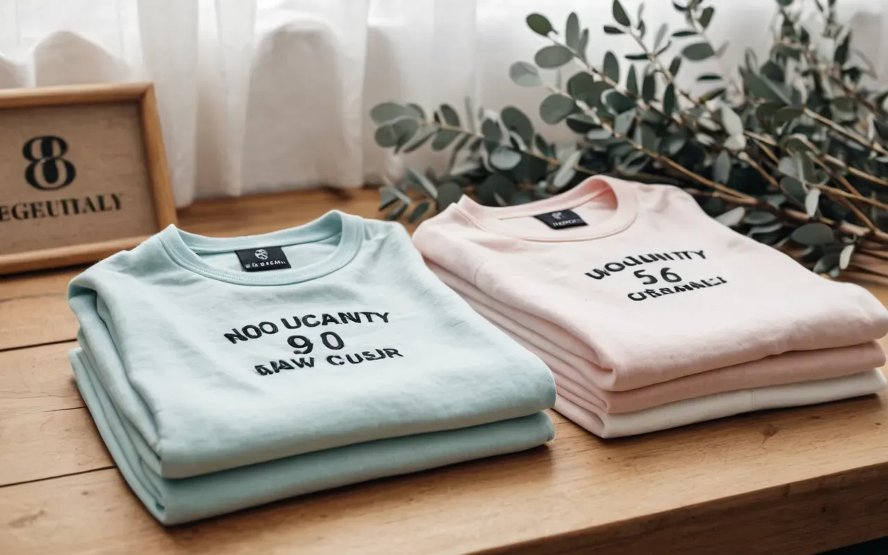 organic baby clothes Flat lay of neatly folded organic cotton baby clothes in soft pastel colors on a light wooden surface with dried eucalyptus branches nearby