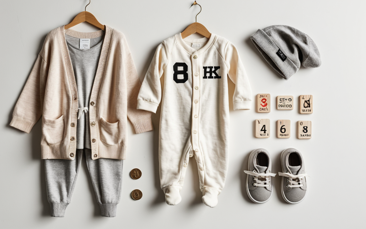 baby clothing safety Flat lay of various baby clothing items on a clean white background, including soft cotton onesies, leggings, and a cardigan in muted pastel shades, arranged neatly with soft natural lighting, minimalist editorial style, no text or branding visible
