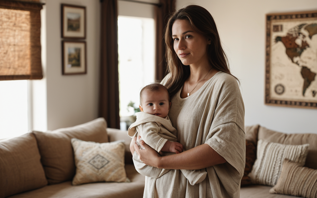 eco-friendly baby clothes Medium shot of a young mother holding a baby dressed in soft, earth-toned organic cotton clothing, standing in a modern living room with large windows, natural light, blurred background showing a cozy interior with plants, warm and inviting mood, no visible text or logos