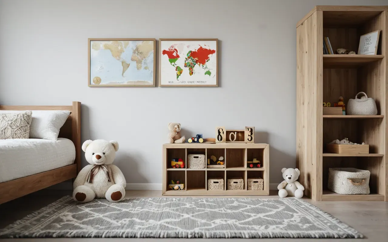 baby nursery decor Minimalist nursery corner with a wooden toy shelf holding a few simple fabric books and a soft plush bear on a light grey rug