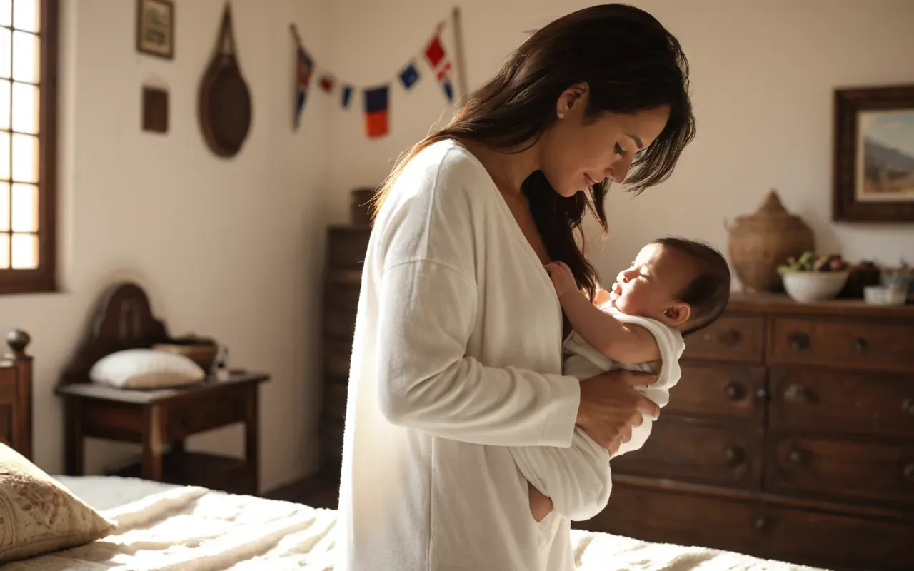 dressing baby Side view of a mother gently dressing her baby in a soft white onesie in a cozy bedroom with warm morning sunlight streaming through sheer curtains