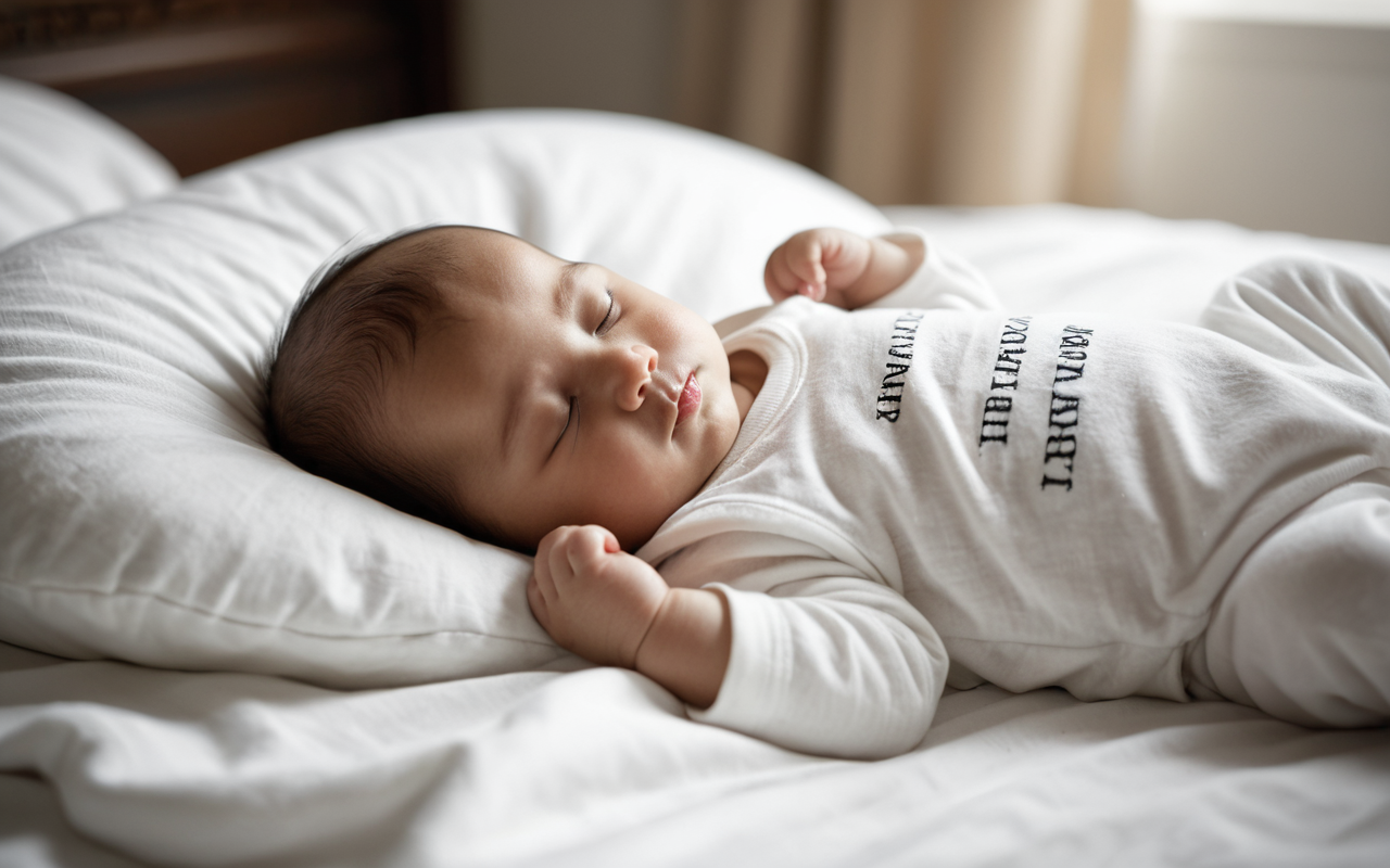 baby sleeping Soft focus photograph of a baby sleeping peacefully in a soft white cotton outfit, surrounded by neutral-colored bedding in a bright nursery