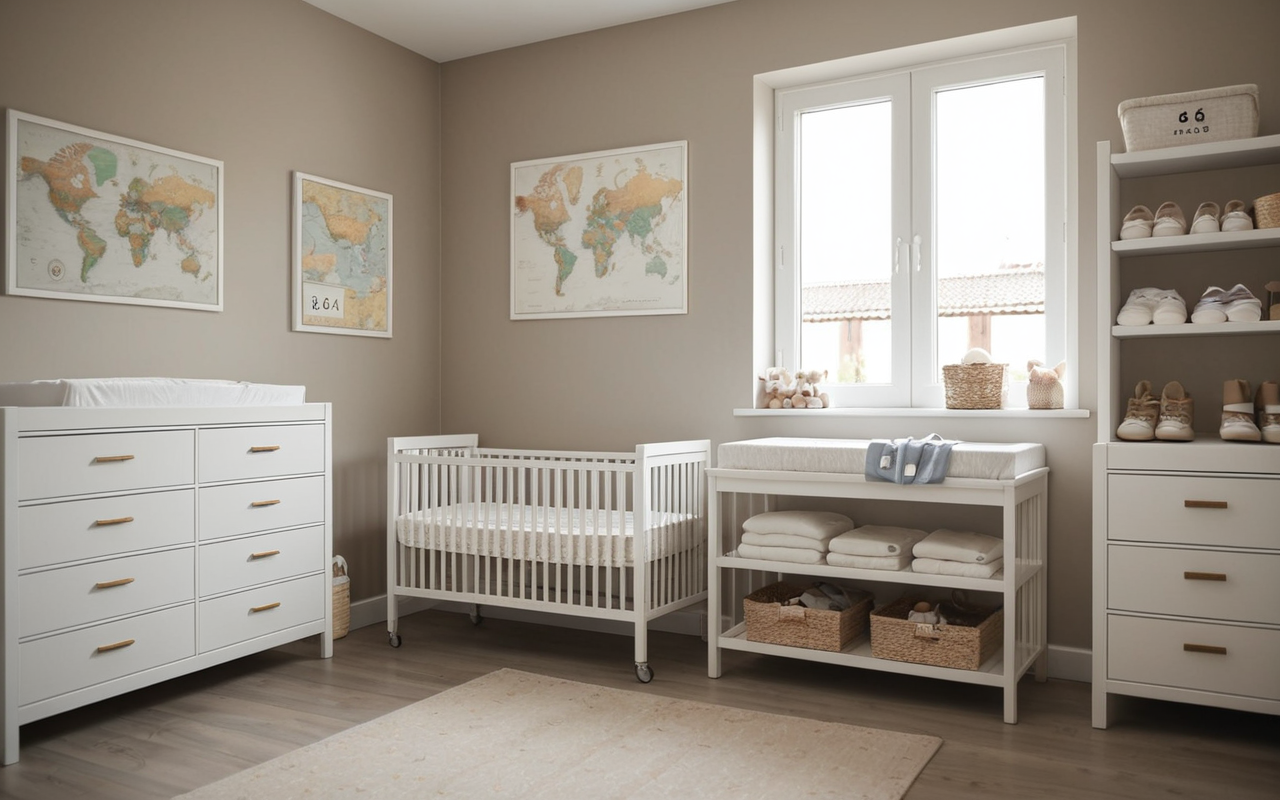 conscious consumerism baby fashion Wide shot of a modern nursery interior with a crib, changing table, and shelving unit displaying neatly folded baby clothes in soft colors, large window with sheer curtains, natural light, clean and organized aesthetic, no text or branding visible