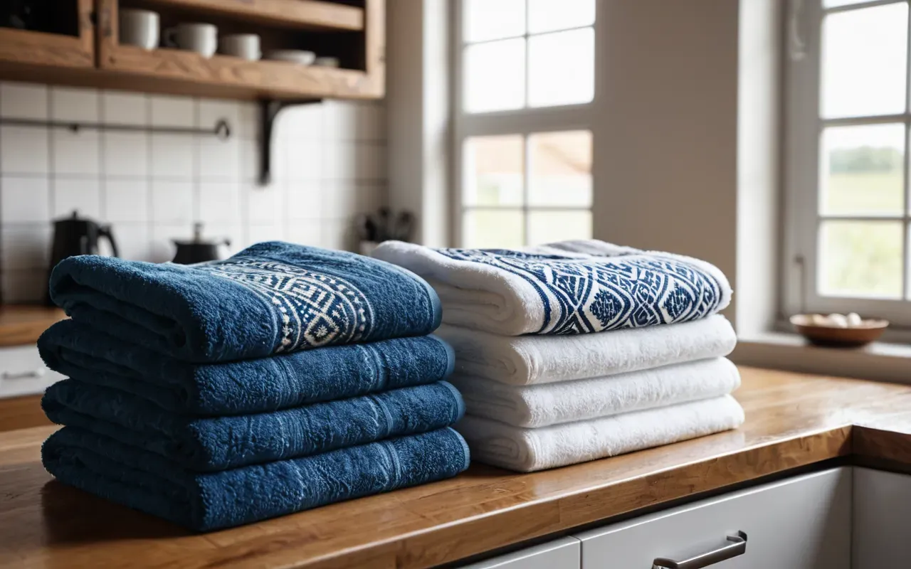 JCPenney back to school sale A bright kitchen counter with several folded colorful towels in blue and white patterns arranged next to a stack of neatly rolled clothes under natural window light.